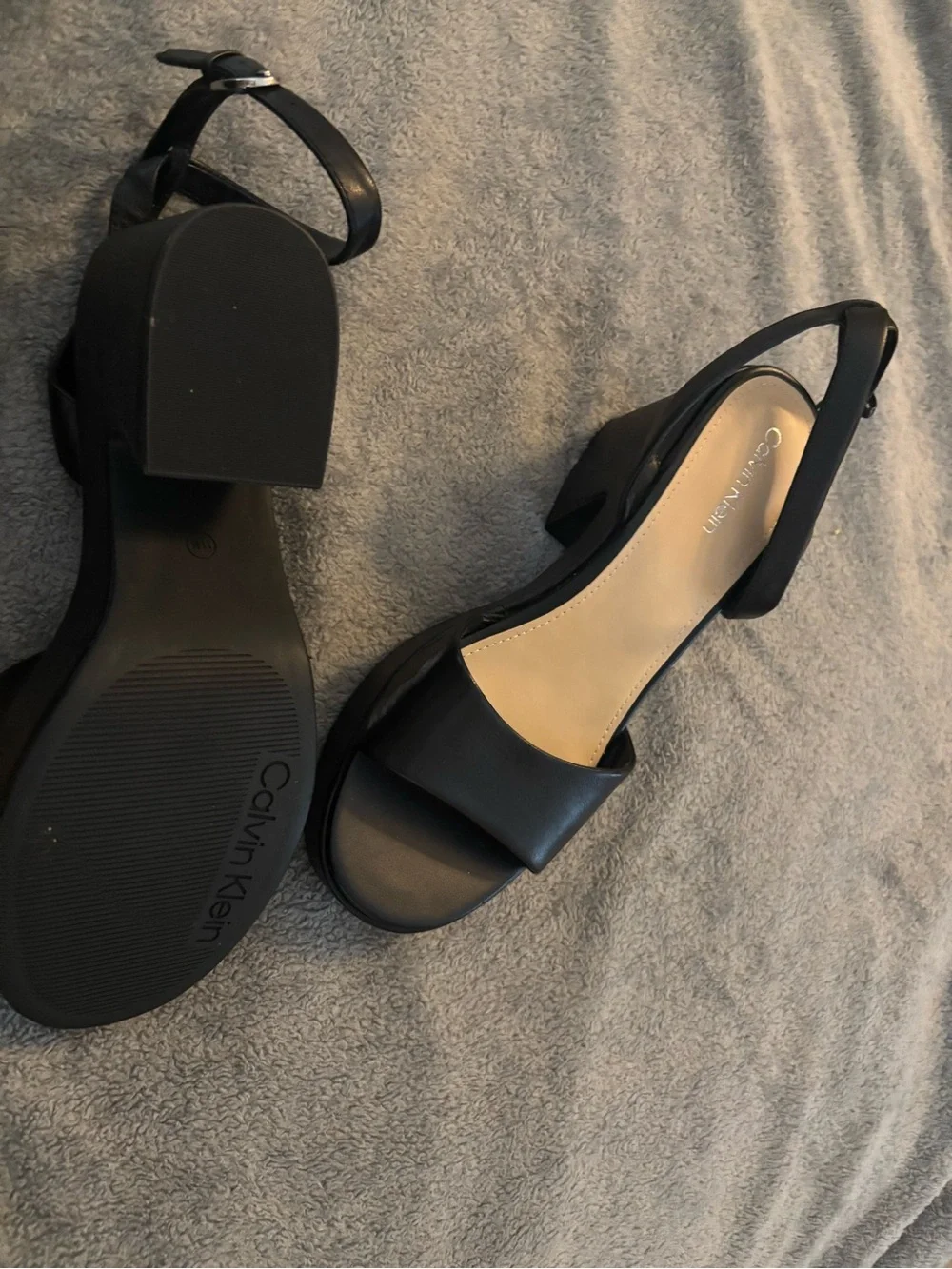 Calvin Klein Black Leather Open-Toe Slingback Heels - Never worn, clean bottoms
